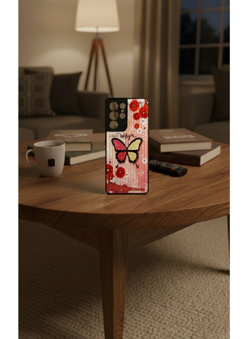 Grace ​"Miss You" Butterfly Phone Case for Samsung Galaxy S21 Ultra - Red Floral & Glitter Design, Slim Protective Hard Cover - Image 2